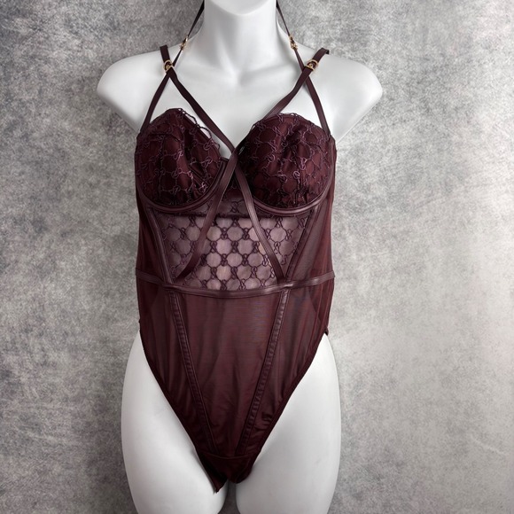 VICTORIAS SECRET Bodysuit Brown Icon Logo w/ Faux Leather Underwire Teddy Medium - Picture 3 of 9